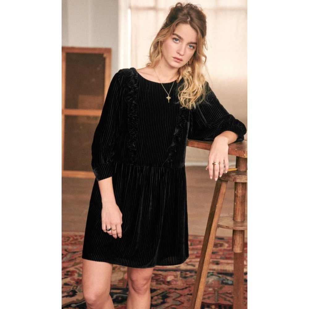 Sezane Robe Velours Marcelle Black Mini Dress Size EU 40/ US 8